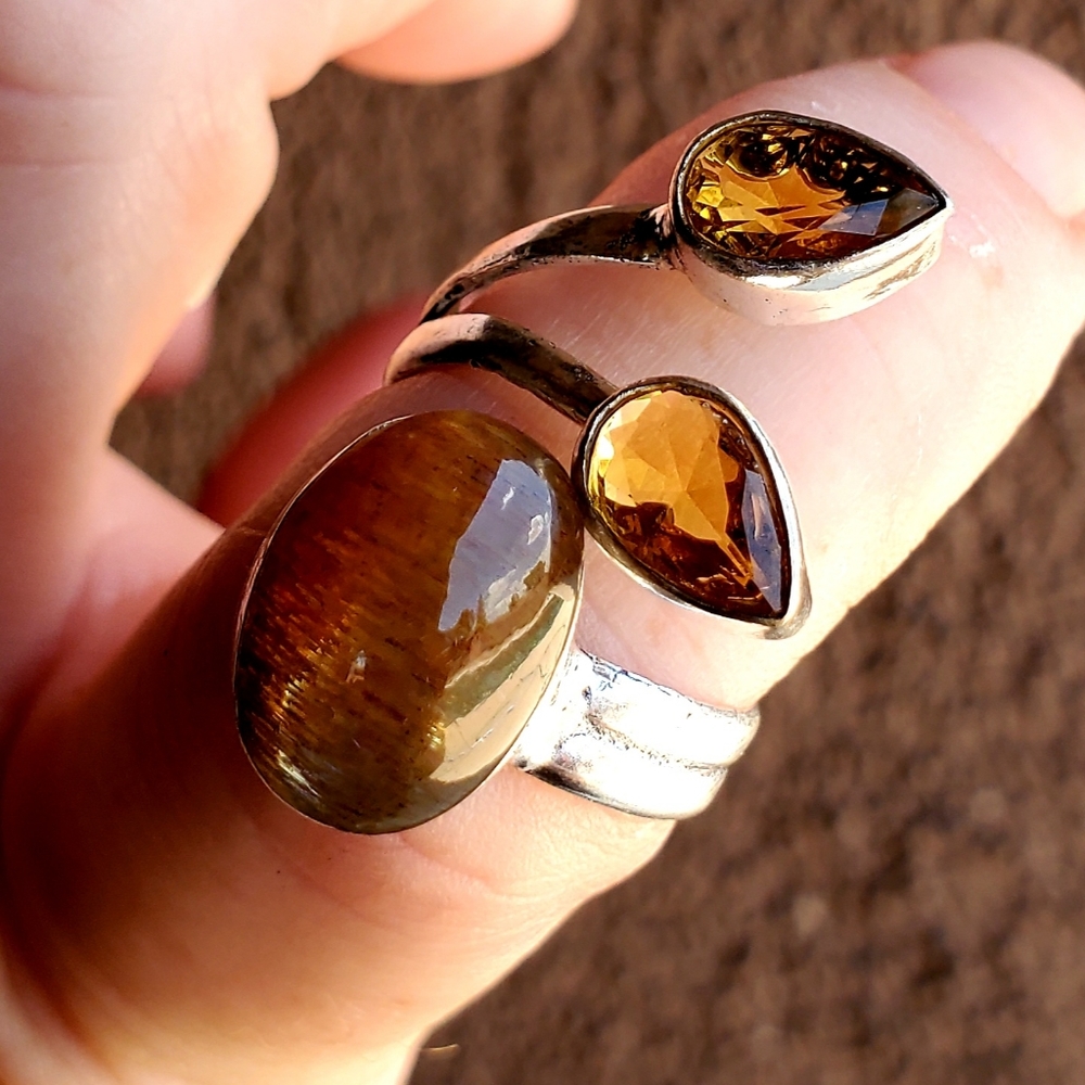 New Silver Sheen Obsidian & Citrine Open Cuff 925 Silver Ring. - Picture 2 of 16
